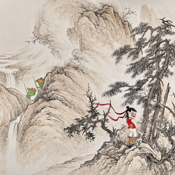 Whispers of Ancient Pines: A Crimson Child in Mist-Shrouded Mountains